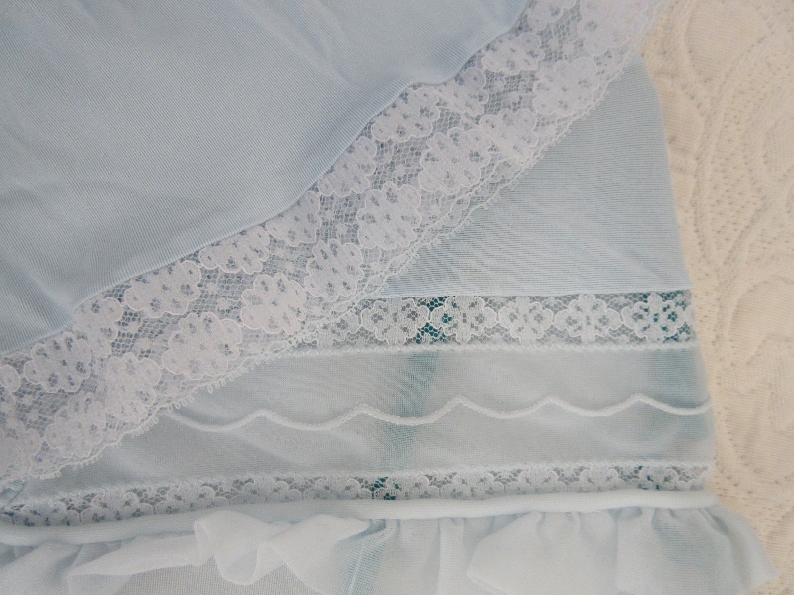 1950’s BED JACKET LORRAINE Sheer BLUE nylon LACE overlay size MEDIUM 36/38 USA