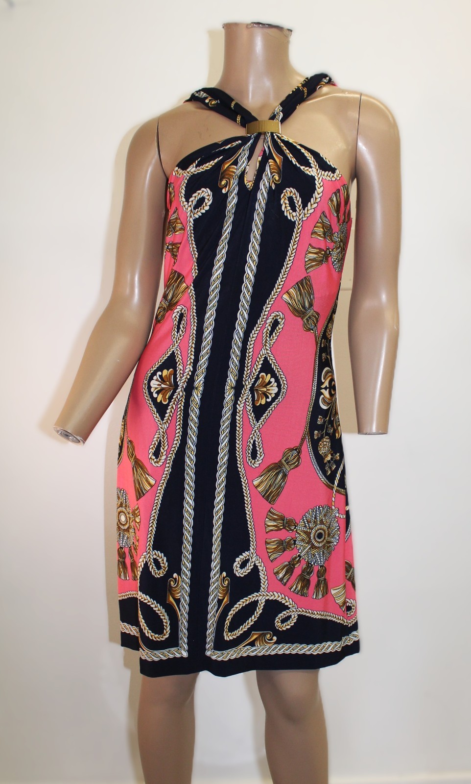 Cache Dress Vibrant Pink and Blue Nautical Rope Gold Accents Vintage Size M