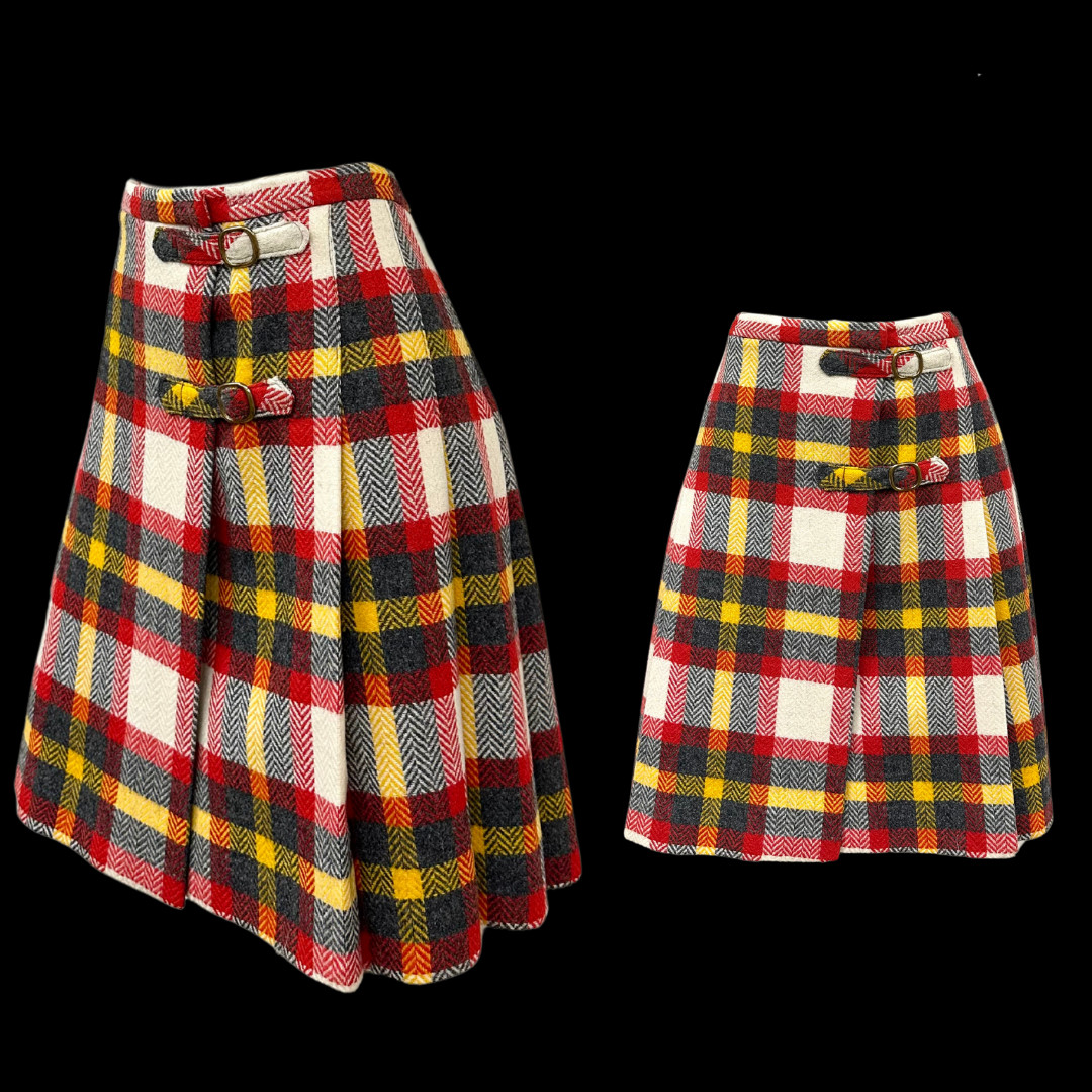 Vintage 1960s Wool Red, Grey, and Yellow Plaid Mini Skirt with Buckle Detailing