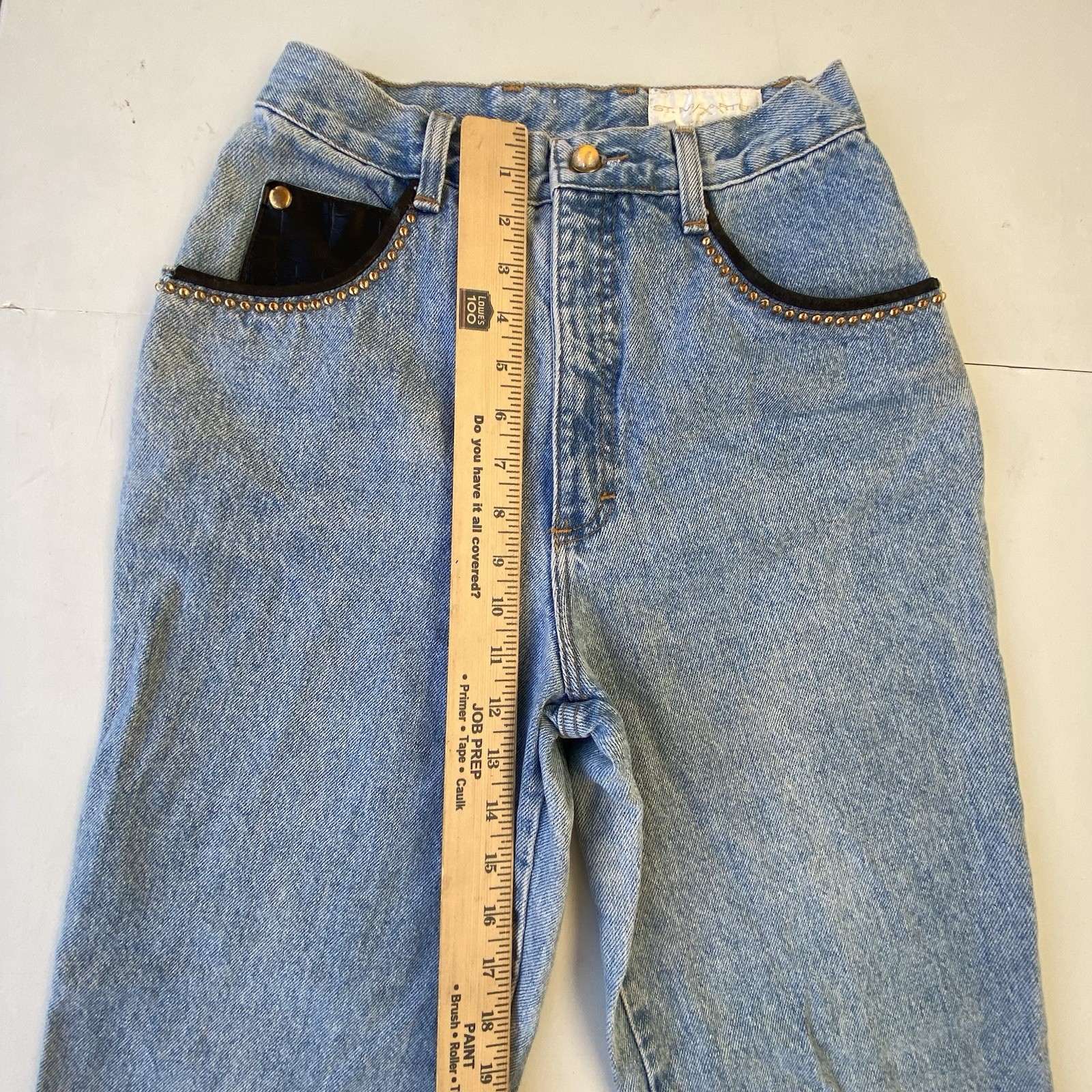 St. Maarten Dallas Black Leather & Jean Studded Western Pants Vintage Size 6 28