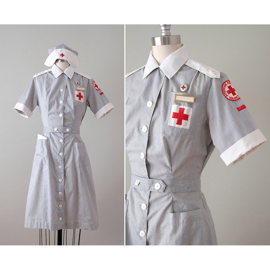 Vintage Post-WWII Red Cross Uniform Dress + Hat, Pins, Collars, and Name Plate