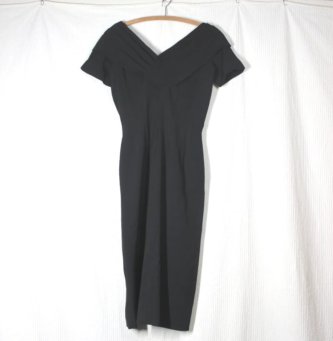 Vtg 50s SUZY PERETTE Black Dress Draped Low Neck Slim Skirt Xs/S w25 Pinup Rare