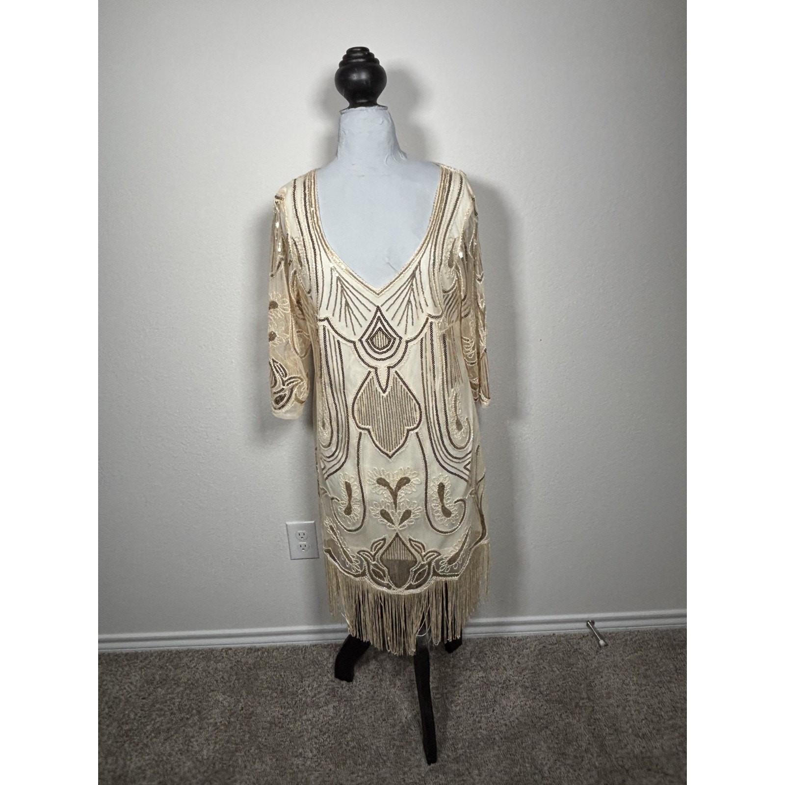 Unique Vintage 3/4 Sleeve Beaded Sequin Pattern Beige Dress w/ Tassels 2XL