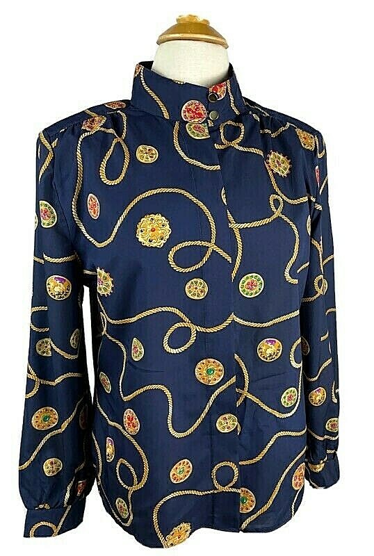 Vintage Lauren Lee woman’s blue & gold Top blouse size 10 Medium silky soft