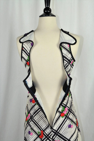 Vintage 60s Cherry Black & White Fruit Print Maxi Dress w/Keyhole Back