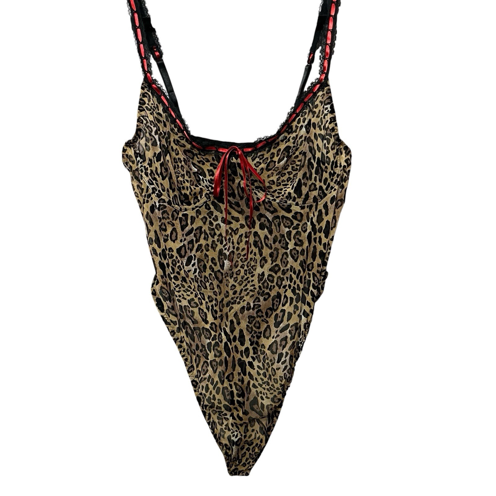 90s VTG Cacique Mesh Leopard Teddy Lingerie 18/20 Sheer Wireless Bow Thong Back