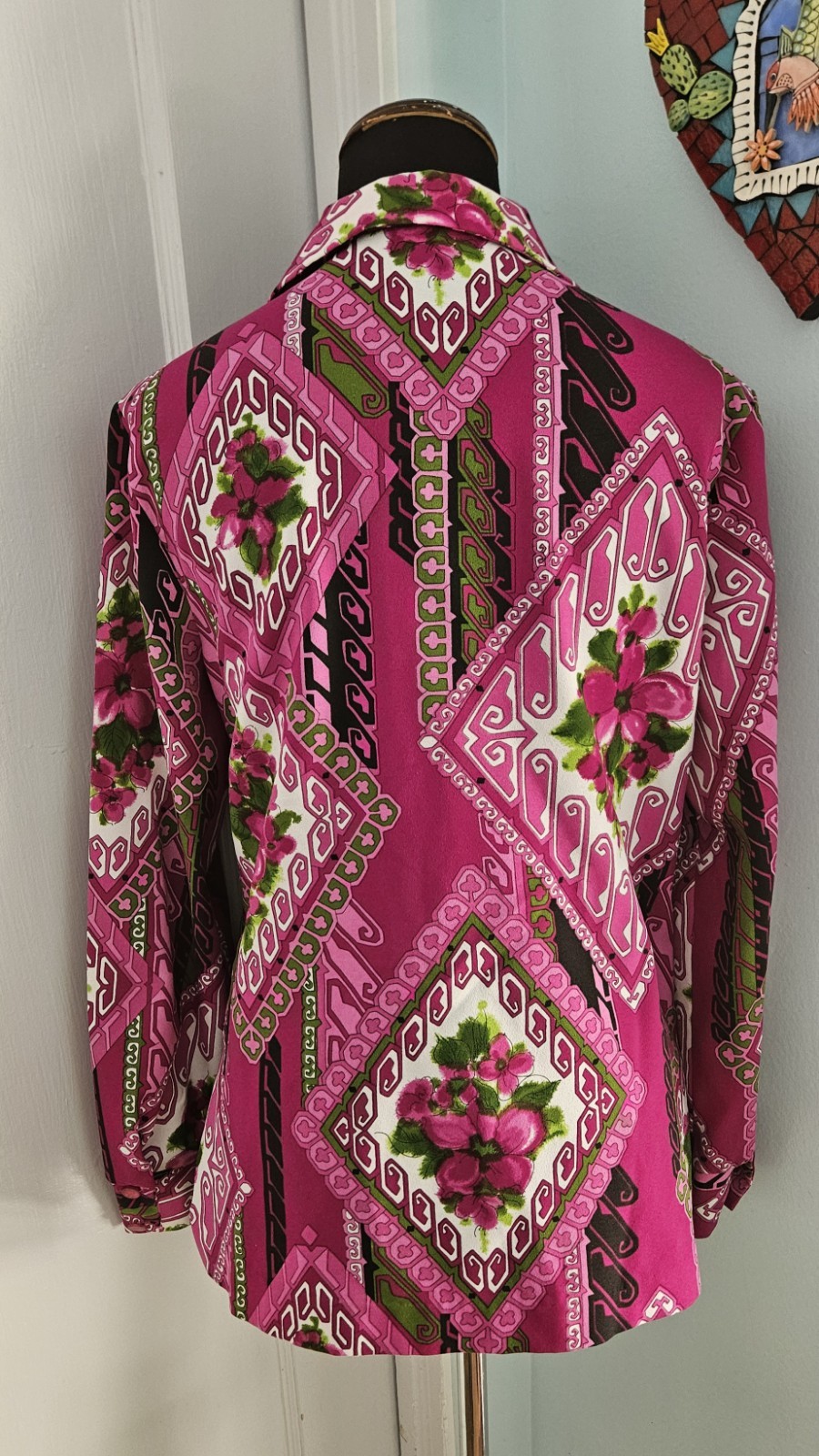 Vintage PYKETTES Psychedelic Mod poly Blouse Shirt Long Sleeve Dagger Collar M/L