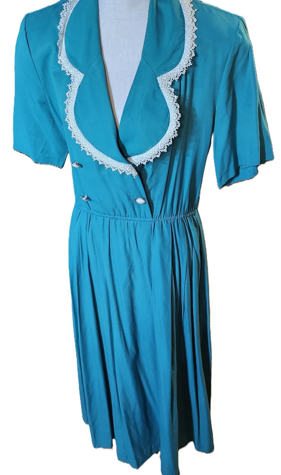 Vintage Periwinkle Dress Teal w/Lace Collar SZ 16 Cottagecore Retro 1970-1980’s