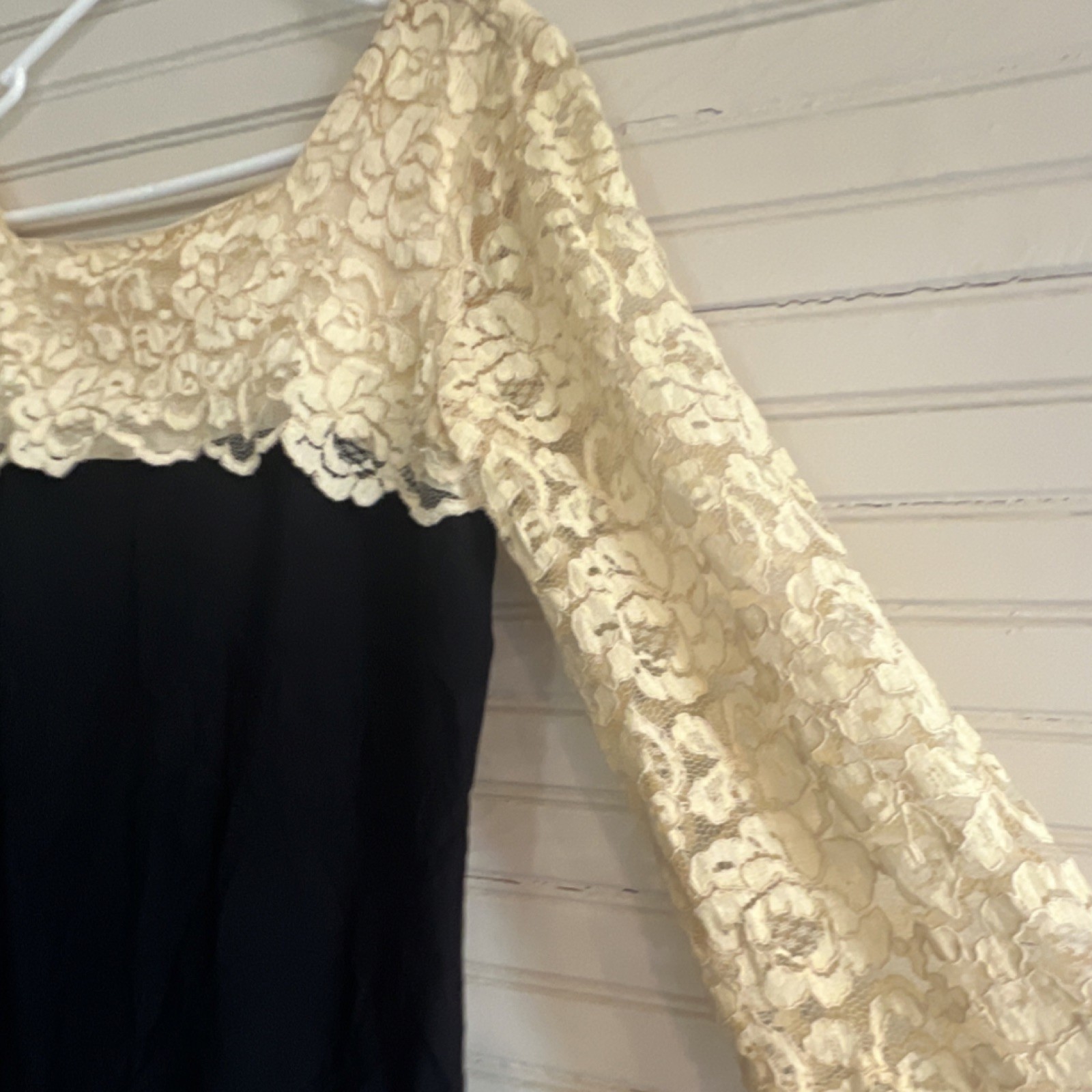ILGWU 1960s Black Ivory Lace Sheath Dress Satin Eveningwear Formal