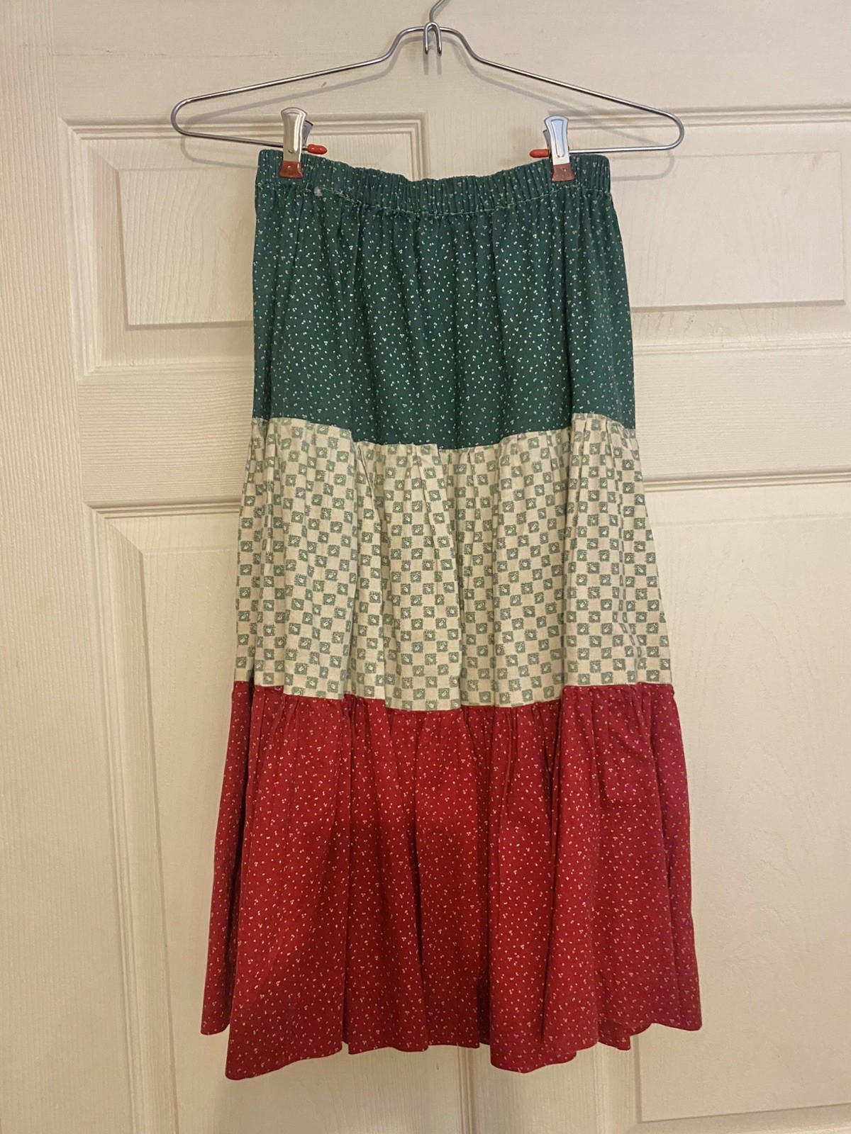 Vintage Handmade 3 Tiered Boho Red, Green, And White Skirt