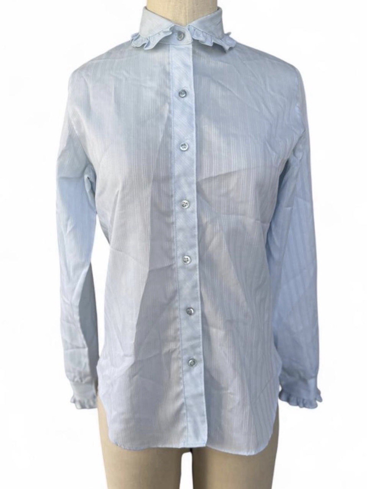 Vintage 70’s Sears Jr Bazaar Button Up Ruffle Blouse Long Sleeve Sz 7 Lt Blue