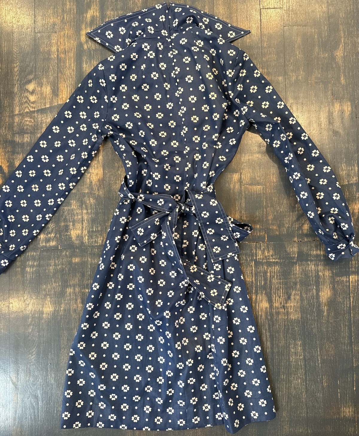 Vintage 1970s DW3 David Warren Collared Dress Navy & White Floral Belted Sz S/M