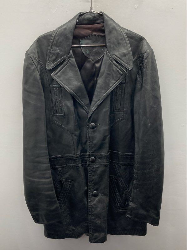 Vintage 70s Women’s Black Leather Car Coat Long Button Front Jacket Size L