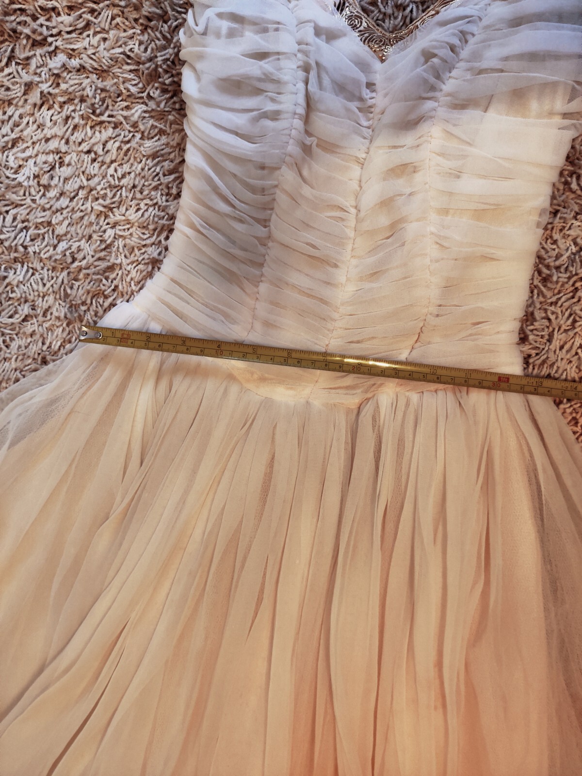IVORY ANTIQUE HANDMADE DRESS TULLE NICOLE MILLER STYLE BOW GOLD AUDREY HEPBURN 