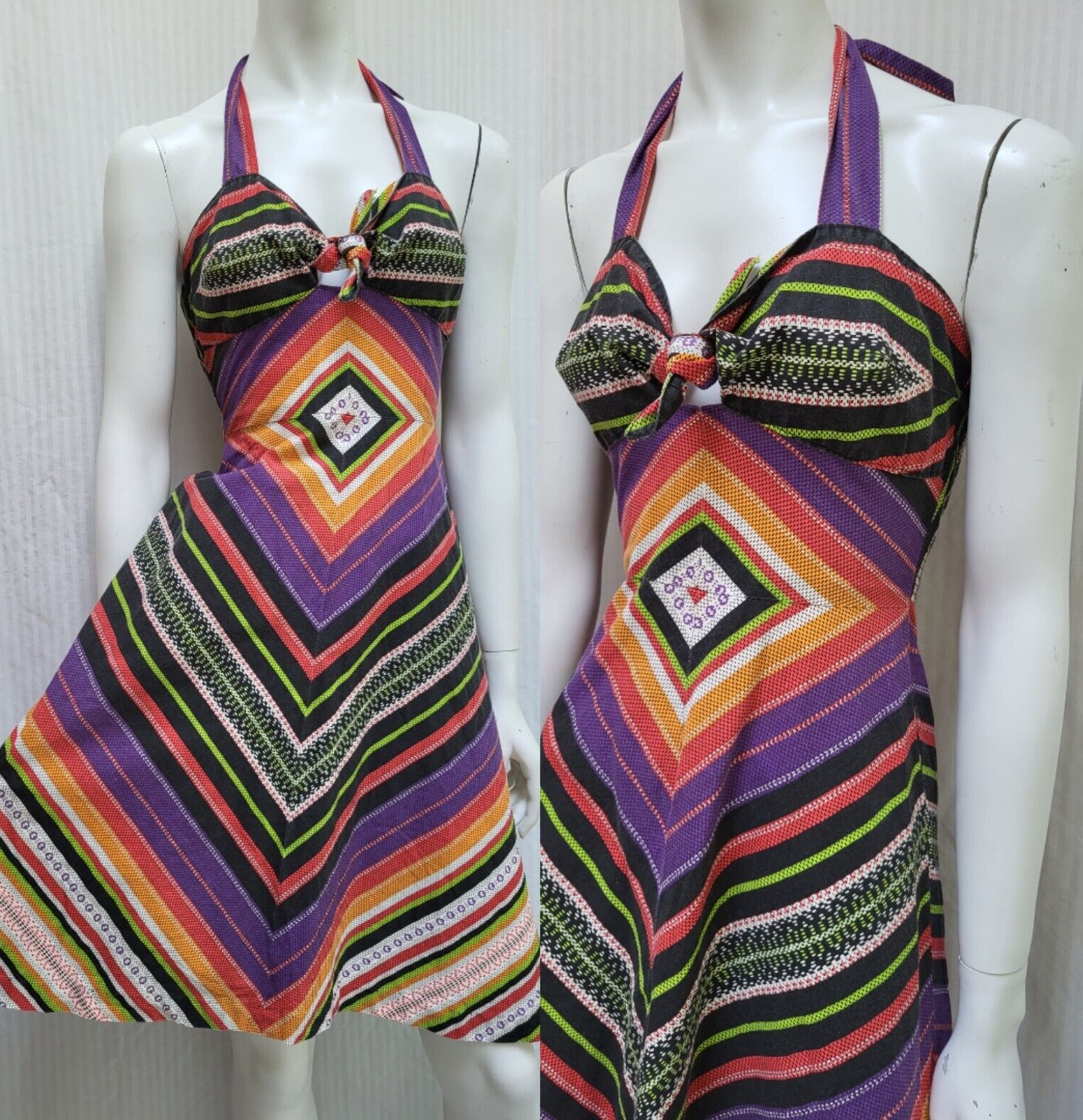 Vintage 1970s Chevron Stripe Halter Dress – Size XS – EUC