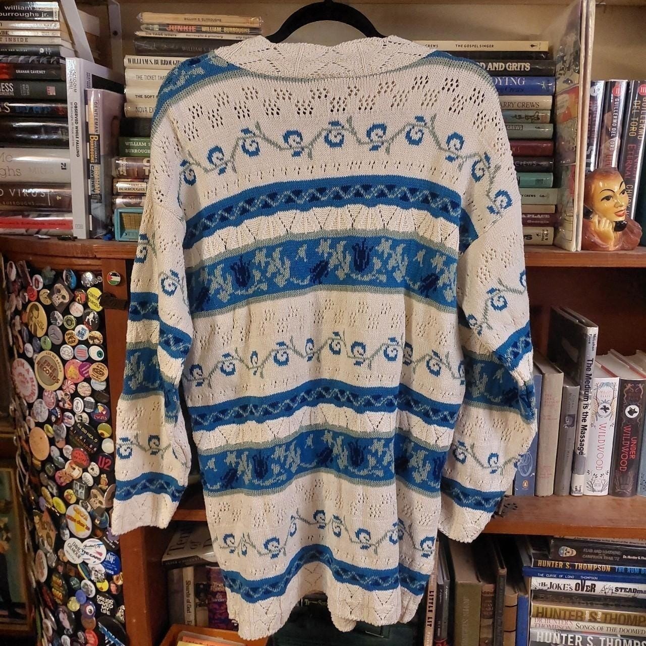 Vintage blue, green, and white striped sweater.