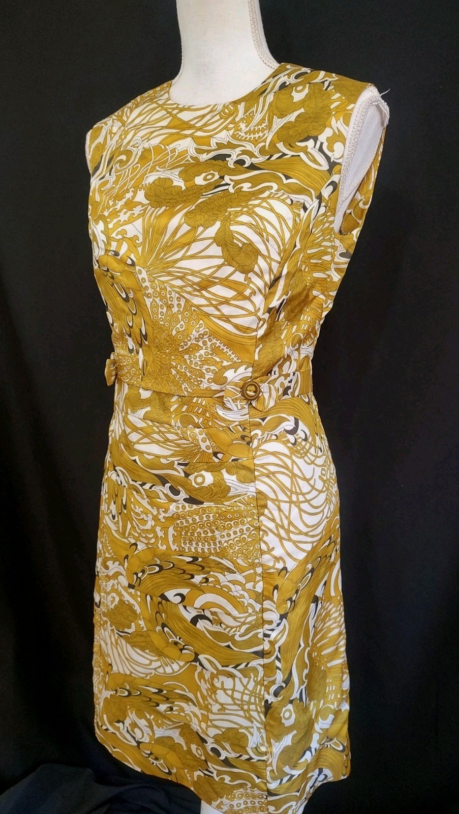 60s Vintage Dress Sheath MOD Psychedelic Print Gold Satin Luxe Detail Retro S/ M