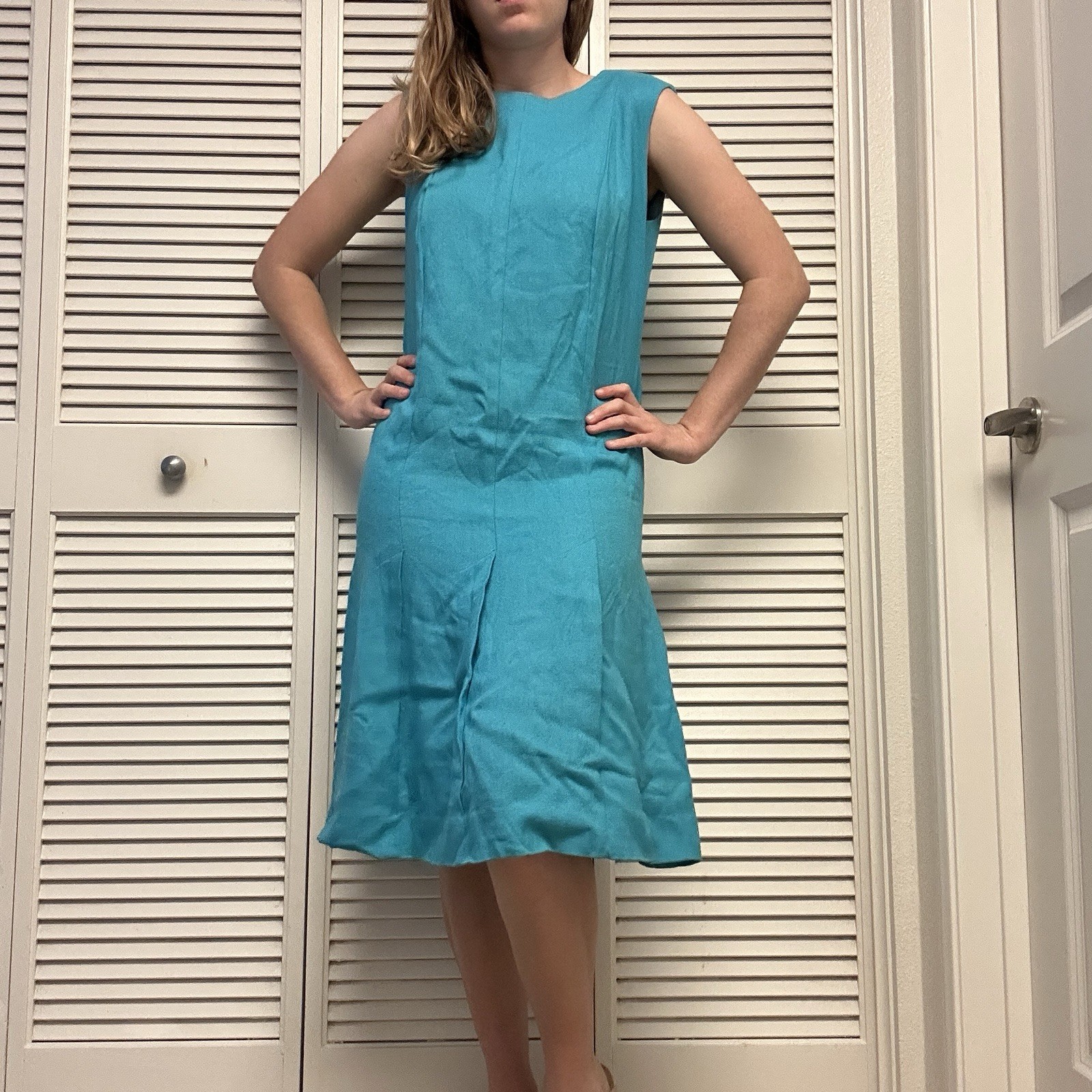 Vintage 60s Women’s Teal Sleeveless High Neck Midi Shift Dress Size 12 (S/M)