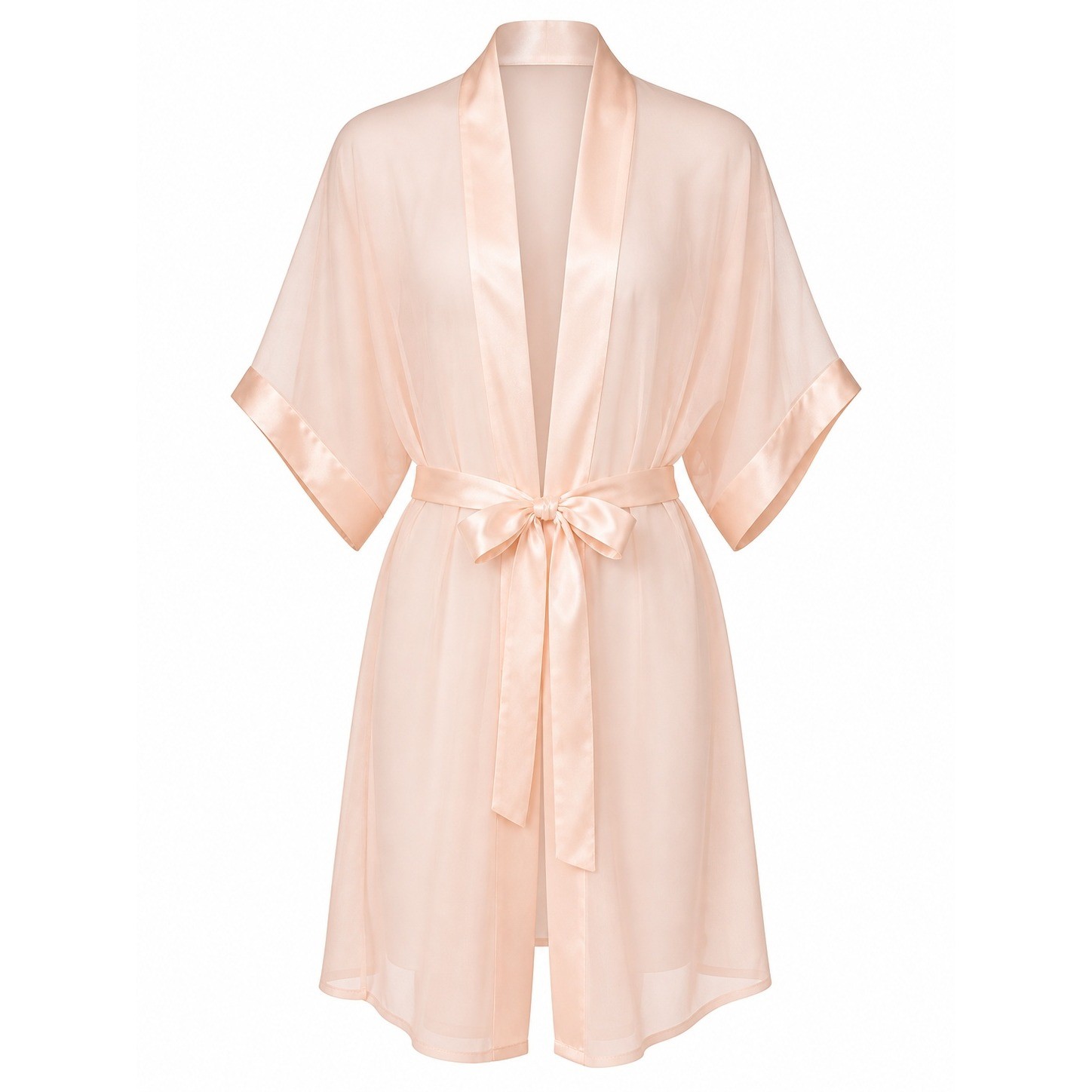 Cine Star Vintage Sheer Robe Medium Peach Satin Trim Belted Glamour Coquette