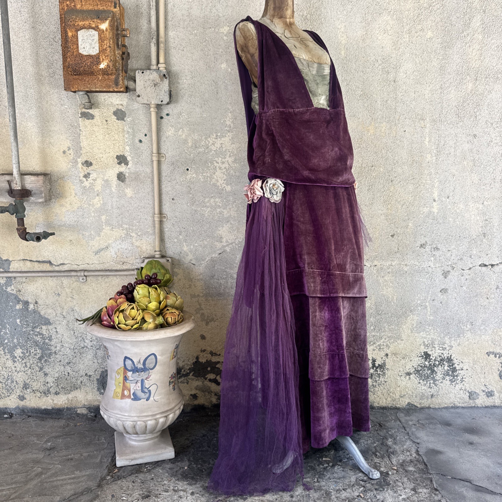 Antique Teens 1920s Purple Silk Velvet Gown Silver Lamé Flowers Dress Vintage