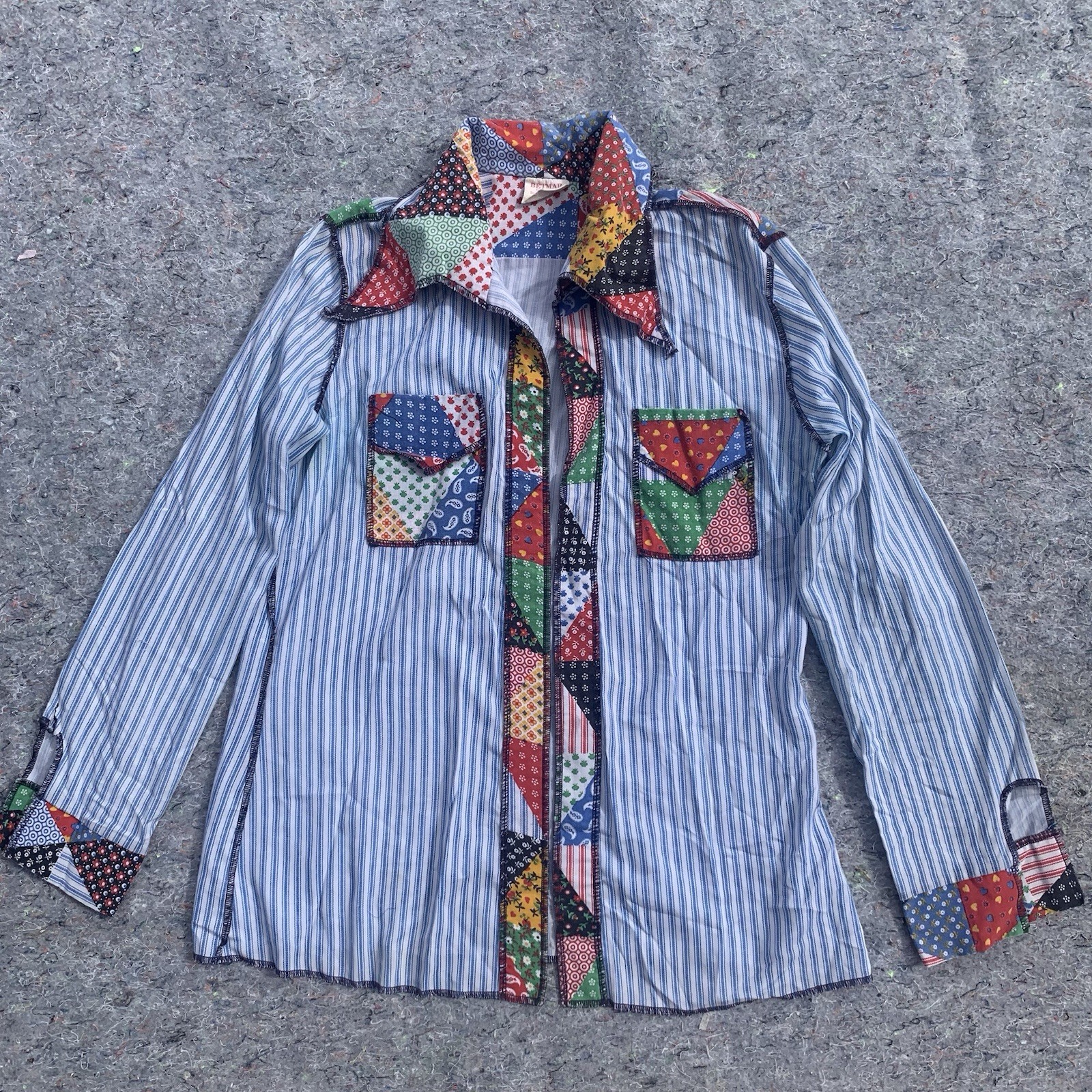 Vintage 70s Betmar rayon polyester faux patchwork striped long sleeve shirt top