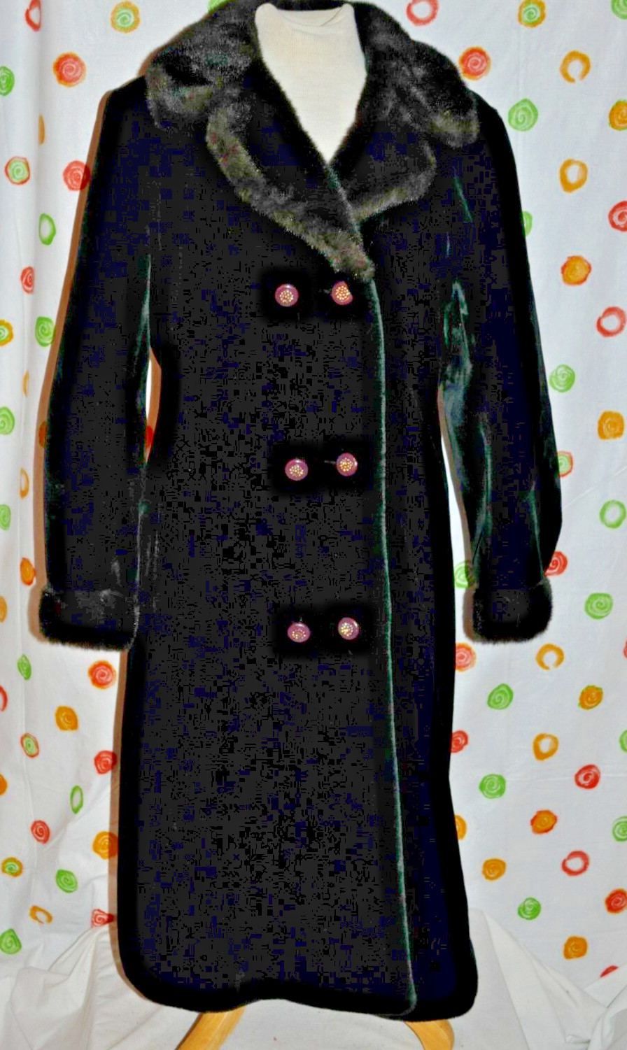 Vintage Women`s M DUBROWSKY and JOSEPH Black FAUX FUR LUXURIOUS COAT EUC CHIC