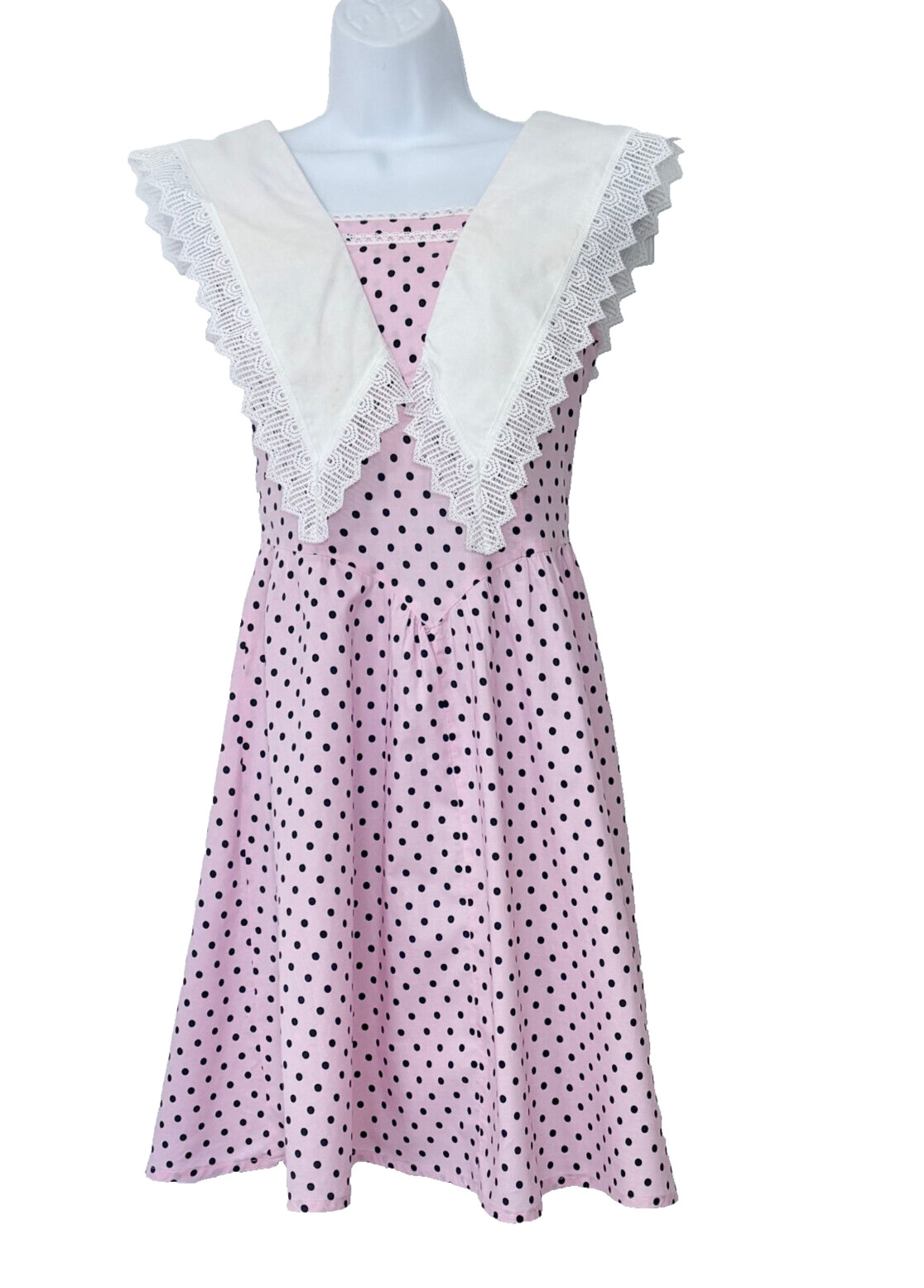 EBER SAN FRANCISCO PINK & BLACK POLKA DOT DRESS, LACE TRIMMED COLLAR, SIZE 3