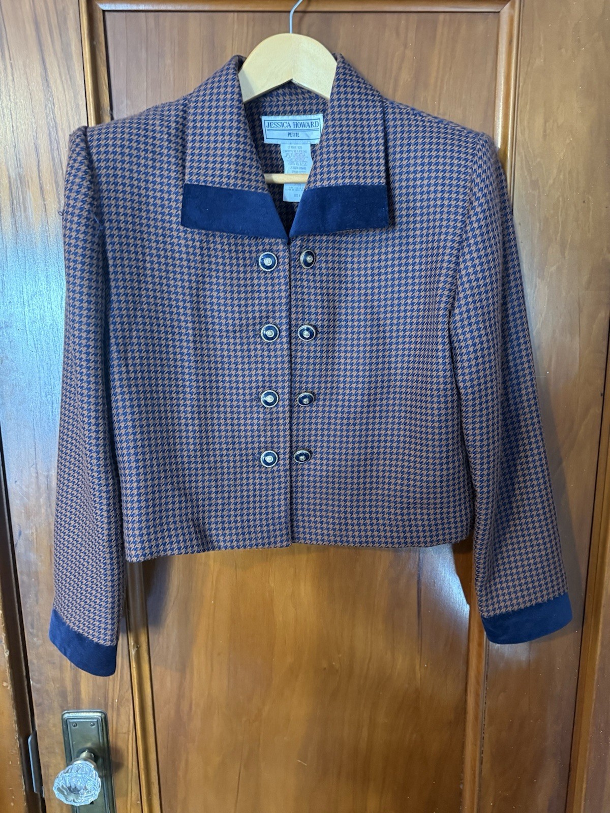Vintage Jessica Howard Navy Blue Brown Houndstooth Velvet Trim Blazer Jacket 8P