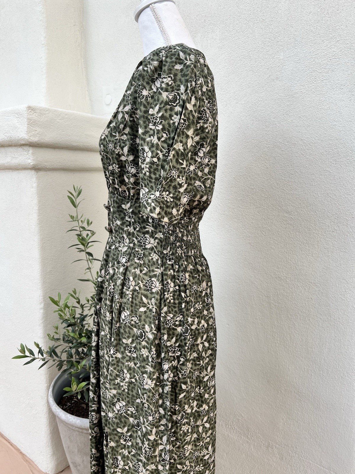 VTG KARIN STEVENS Green Floral Cottagecore Midi Dress Button Women 8 40’s style