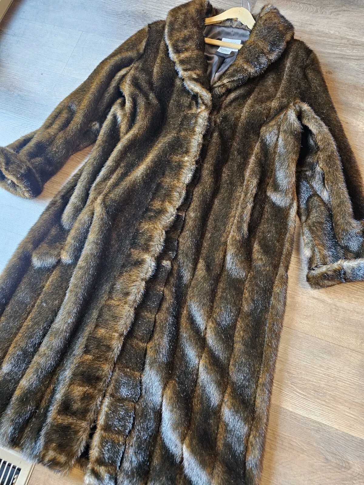 Vintage Pamela McCoy Brown Faux Fur Full Length Mob Wife Coat Jacket Duster sz L
