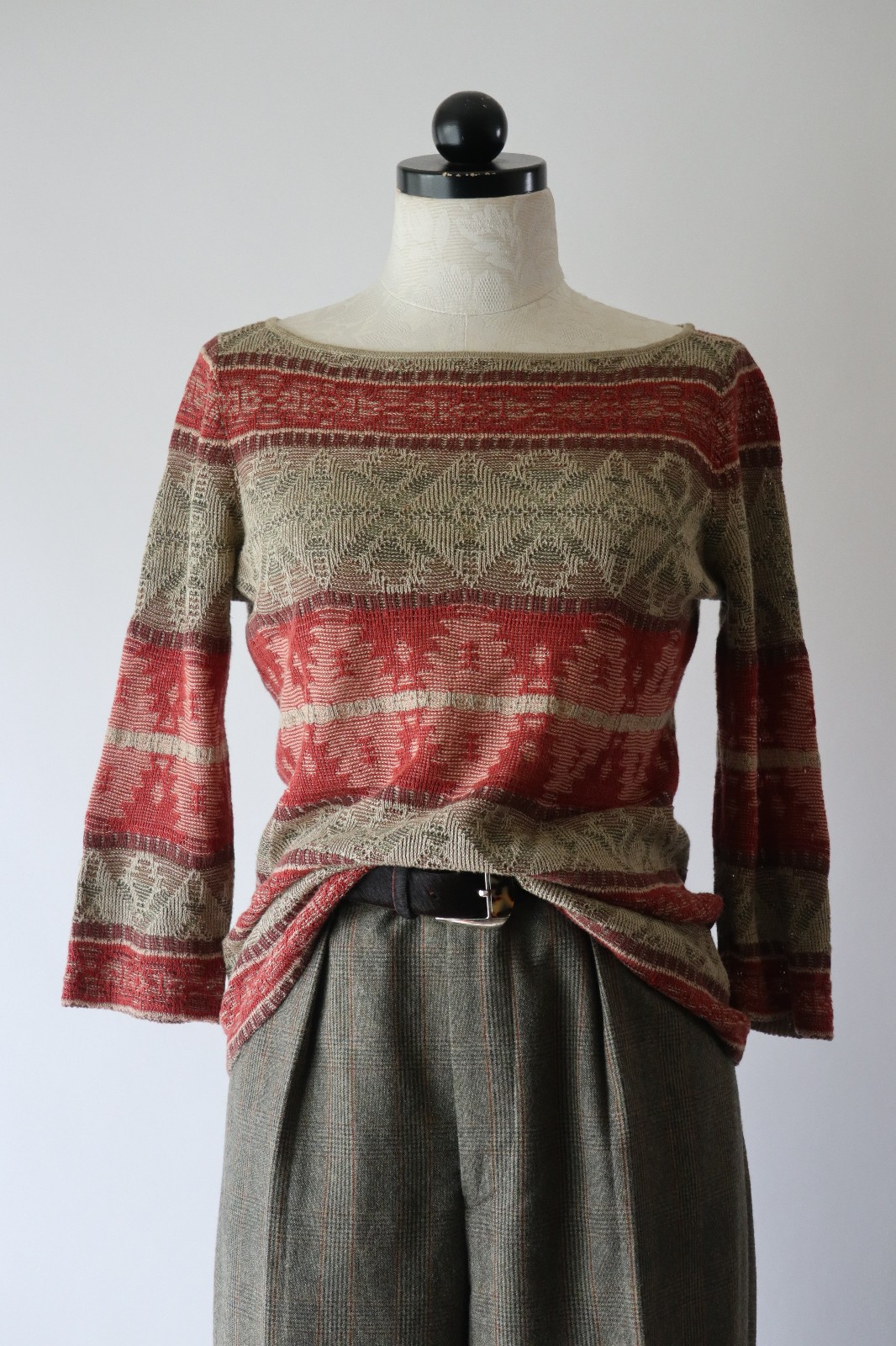 Y2K Vintage Autumn Brown Red Linen Americana Striped Southwest Sweater Women S