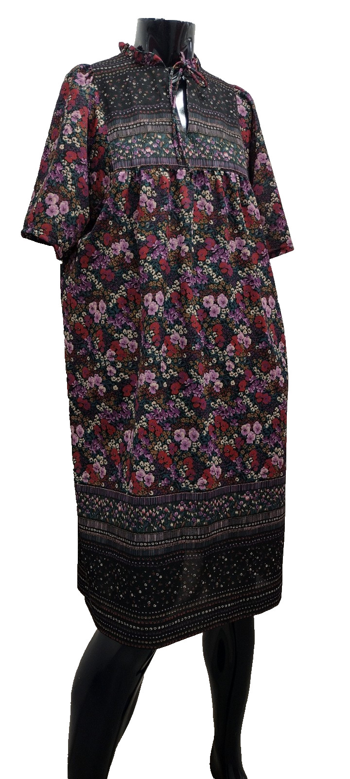 1970s Boho Plus Size Dress Spring Dark Indian Ethnic Floral Polyester Early 80s