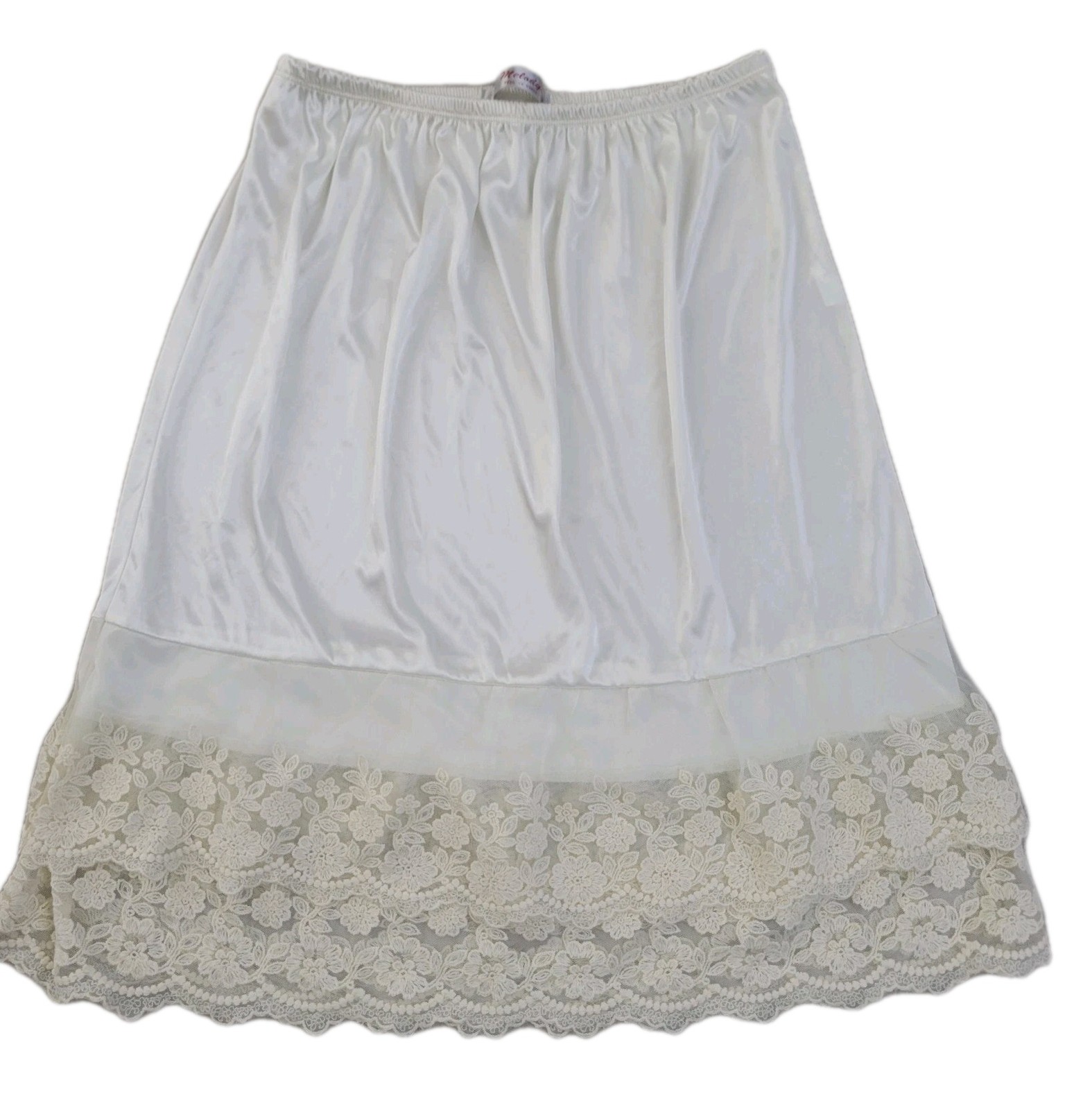Vintage Melody White Satin Half Slip With Double Lace Ruffle Size Medium