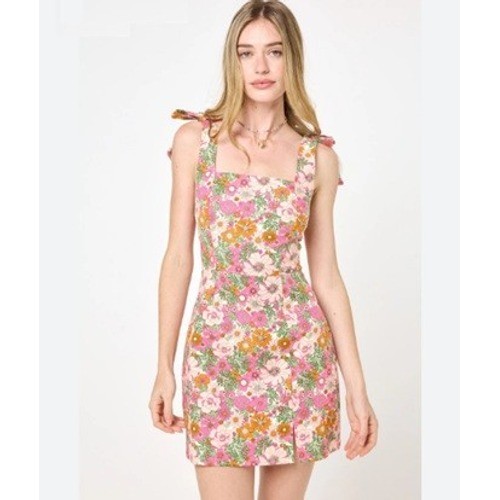 Trixxi Juniors Pink Retro Floral Tie-Shoulder Fit Flare Mini Bodycon Dress L EUC