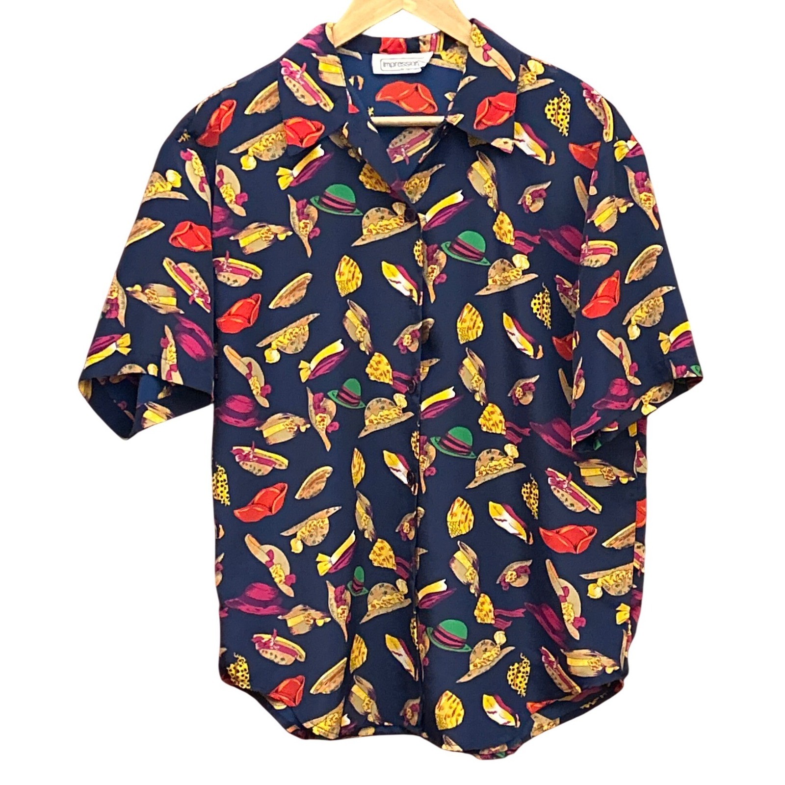 90s Impressions of California Hat Print Button Up Shirt Novelty Kitsch Retro