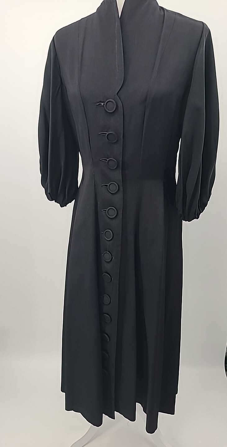 Rare VTG 1930s 40s Button Down Dress, Black With Bubble Sleeves & Full Skirt, LG